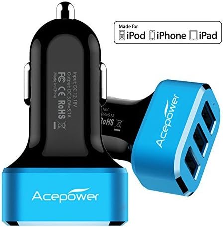 [Certified by Apple] ACEPower® Premium 3 USB 26W 5.1A Aluminum Panel Compact Designed USB Car Charger for iPhone 6 6plus 5 5S 5C 4 4S,iPad 4 3 2,iPad mini,iPad air Battery Power Supply for All Apple Device, Galaxy, Cell Phones, Tablet, Android Devices (Black+Blue)