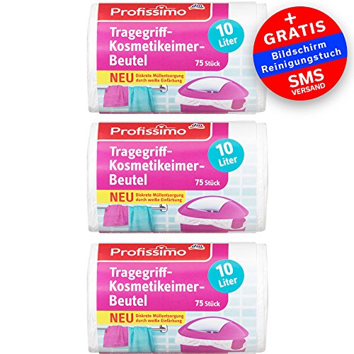Kosmetikeimer Müllbeutel mit Tragegriff - 10 Liter - 225 Stück (3x75) - Reißfest & Flüssigkeitsdicht