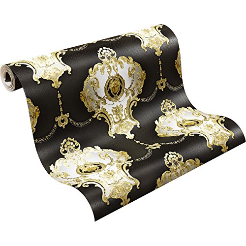 Satintapete Barock Medusa Kopf Ornament Klassik Tapete Hermitage Glanz schwarz 6553-70