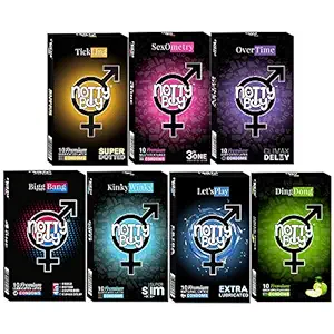 NOTTY BOY Condom Honeymoon Special - Ultra Thin, Extra Dotted, Climax Delay, Ribbed, Lubricated, Smooth, Contour and Apple Flavoured Condoms - (7x10s)