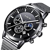 LIGE Uhr-Herren,Mode Chronographen,Edelstahl Wasserdich, Schwarze Quartz Milanaise Mesh Armband