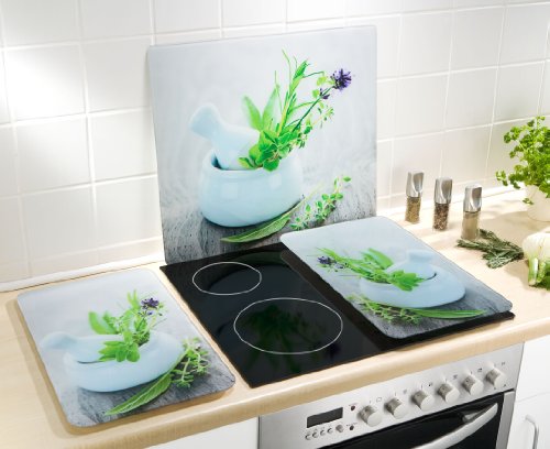 WENKO 2521420500 Herdabdeckplatte Universal Kräutergarten – 2er Set, für alle Herdarten, Gehärtetes Glas, 30 x 1.8-4.5 x 52 cm, Mehrfarbig - 3