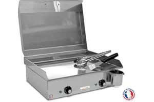 MIRICHAUD PLANCHAELEC - Plancha Electrique NEO E530-2400W - Couvercle + 2 Ustensiles - Inox - Thermostat Réglable - 8 Personnes - Made In France - L53 X P43 X H18 cm