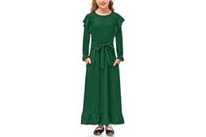 BesserBay Girls Ruffle Long Sleeve Tie Waist Maxi Dress with Pockets 5-14 Years