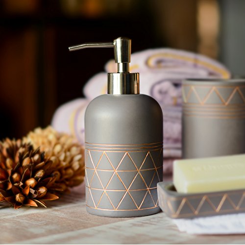 Satu Brown 3-teilig Deluxe Badezimmer Zubehör Set – Beinhaltet: Seifenspender / Lotionspender, Seifenschale, Zahnputzbecher, Erstklassige Zement Badezimmer Zubehör-Set (Braun & Golden) - 4