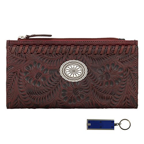 American West SILVERFEVERAmerican West Leather Ladies Folded Wallet  Bundle w Key Chain Purse Light (Distressed Crimson)