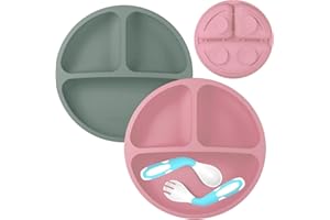 ANTUREBAY Suction Plates for Babies, 100% SiliconeToddler Plates,Divided Baby Plates, Dishwasher & Microwave Friendly,Food Grade Silicone Kids Plates with Spoon Fork (Gray,Pink)