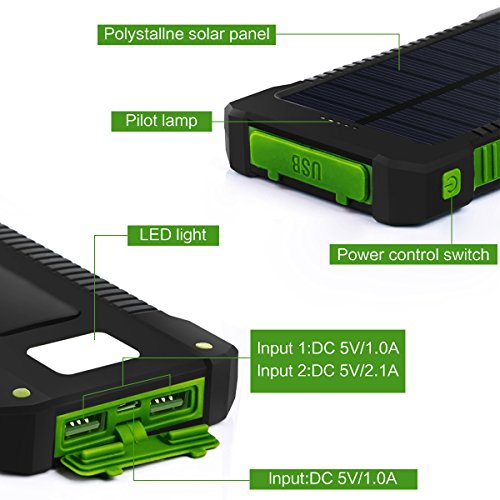 Hiluckey Caricabatterie Portatile 10000mAh Dual USB Batteria Esterna Ricarica Rapida - Solare Power Bank LED Torcia periPhone 6/7plus iPad,Samsung, Huawei, Asus, HTC smartphone Android, ( Impermeabile Antiurto )