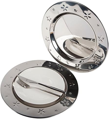 Set of 2 Stainless Steel Silver Charger Plates with Stars 13 inch 33cm. High Polished Thick and Heavy Quality