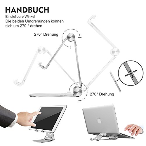 Faltbar Tablet Ständer Multi-Winkel ZEIGER einstellbar Handy Halter für 4-13″ Tablet iPad Air Pro mini,iPhone,macbook,kindle Samsung Tab mini Aluminium Reise Tablet Ständer Tischplattenhalter Tisch Halterung Silber Y192S - 6