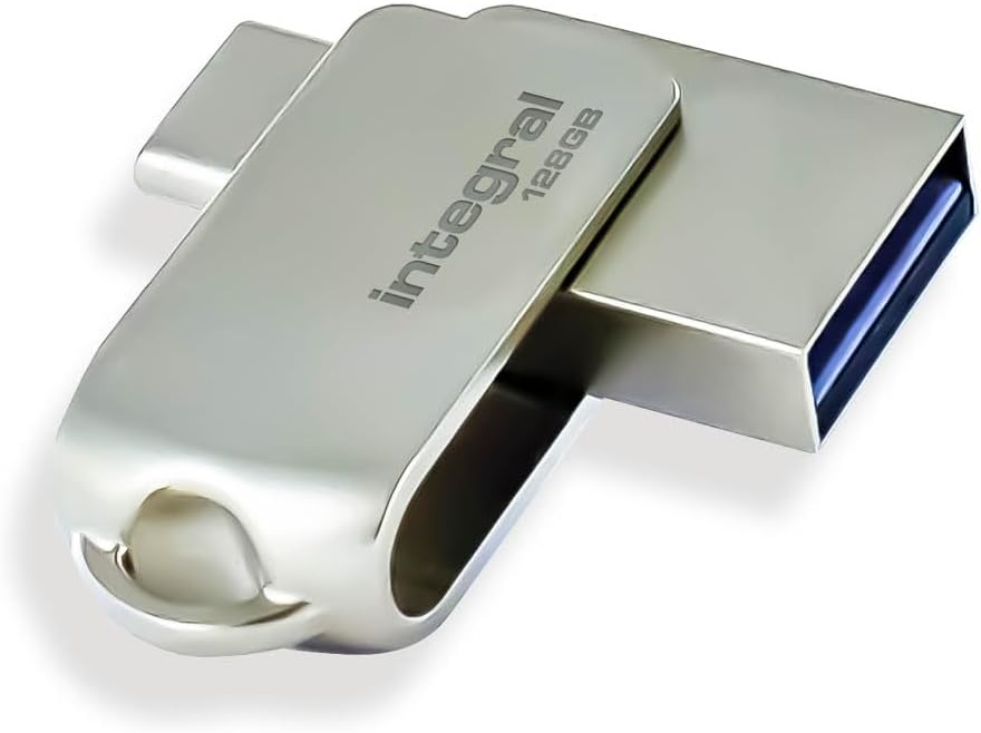 Integral 128GB 360-Dual USB 3.2 Gen 1 Type C and Type A Flash Drive with Solid Metal Casing, Fast Transfer Speeds and Simply Plug and Play IPhone 15, 16 series, Macbook Pro/Air and Ipad Pro