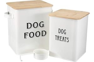 PETHIY Zestaw pojemników na karmę dla psów i smakołyków z łopatką dla psów – ciasno dopasowane drewniane pokrywki – powlekana stal węglowa – kanister do przechowywania puszki – biały
