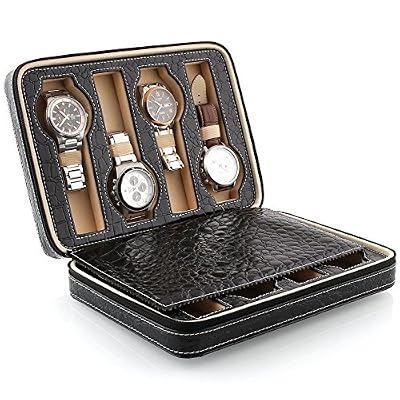 Amzdeal Présentoir Coffret à montres en simili cuir Crocodile avec zip, Boîte à montres avec 8 compartiments - Noir