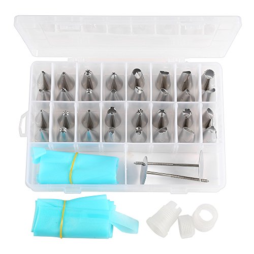 eSky24 Spritztüllen-Set, 38-teilig mit 32 Stück Garniertülle, 2 Spritzbeutel, 2 Adapter und 2 Blumennägeln für Plätzchen, Keksen und Torten aus Edelstahl inkl. Box - 2