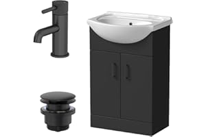 Affine® 560mm Bathroom Vanity Unit Ceramic Sink Floorstanding Storage Cabinet Cupboard & Black Fluted Basin Tap & Waste Set, Matt Black