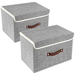 TYEERS 2 Pack Boîtes de Rangement avec Couvercle et Poignée, Boîtes de Rangement Pliable en Tissu, Caisse de Rangement pour Armoire, Vêtements, Livres, Cosmétiques, Jouets etc. Gris