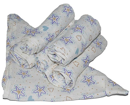6x Muslin Squares 100% Cotton Heart And Blue Star 70 x 70 cm