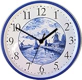 Artline Wohnraumuhr Flamand Uhr rund Quarzuhr Delft Mühle mit Boot' Blaurand handbemalt