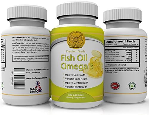 Omega 3, Fish Oil, 180 Capsules, 1000mg, High Grade, Made in UK, High Level of DHA and EPA. Best for Cardiovascular Health, Joint Health, Supports Brain Health, Immune System Boost. Feel Good Gold