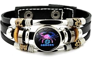 LODMLOER Luminoso Braccialetto in Pelle con 12 Costellazioni - Dodici Segni Zodiacali Bracciale Punk Intrecciato Multistrato,Bilancia Scorpione Vergine Leone Pulsante Gemma per Uomo E Donna