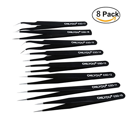 Foonii 8 pcs Anti-Statik-Edelstahl ESD präzise Pinzette gerade gebogen anatomisch Reparatur Tools für Elektronik, Schmuckherstellung, Industrie, Schwarz