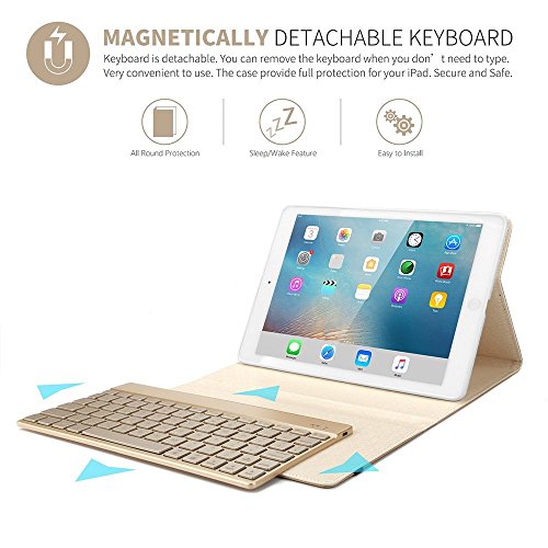 kvago iPad 9,7 Tastatur Fall, Slim Dünn 7 Farben Hintergrundbeleuchtung Abnehmbare Tastatur Fall + Displayschutzfolie + Eingabestift Slim Dünne Stilvolle Luxus Abnehmbare Wireless Bluetooth-Tastatur Dreifach Faltbar PU Leder Flip Case Smart Cover Tastatur mit Hintergrundbeleuchtung für Apple neue iPad 24,6 cm 2017 (Modellnummer A1822) - 4