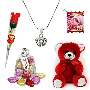 Kitchen Bliss Anniversary Gift/ Birthday Gift - Random Teddy Bear, Single Rose Bouquet, Diamond Heart Pendant, Chocolates, Mini Greeting Card, Girlfriend, Boyfriend, Wife, Husband, Fiance, LoversValentine Gift Combo for Couple, Lovers, Girlfriend, Fiance, Boyfriend, Wife and Husband (Pack of 5)