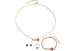MenYiYDS 5 Pcs Aleación Lindo Collar de Fresa Pendientes Anillo Pulseras, Pendientes en Forma de Fresa de Fruta Collares Pequeños Regalos de Joyería, Artículos de Fiesta
