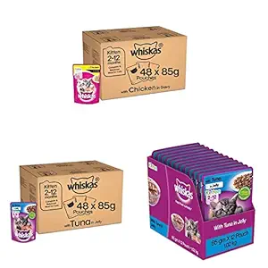 Whiskas Kitten Wet Cat Food, Chicken in Gravy Monthly Pack, 48 Pouches & Kitten Wet Cat Food, Tuna in Jelly Monthly Pack, 48 Pouches & Kitten Wet Cat Food, Tuna in Jelly, 12 Pouches