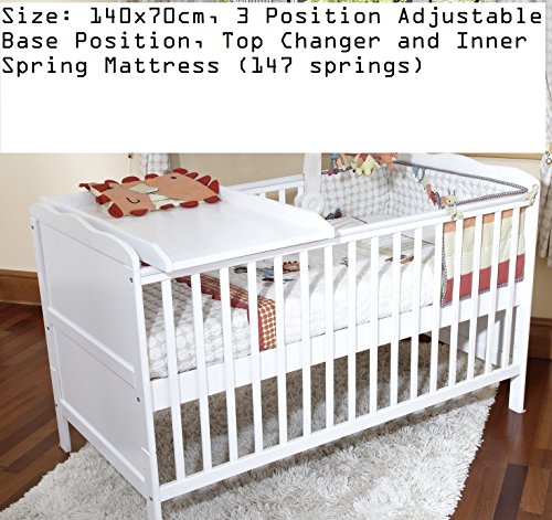 3 POSITION COT BED, SPRING MATTRESS & COT TOP CHANGER-CONVERTS INTO JUNIOR BED (WHITE)