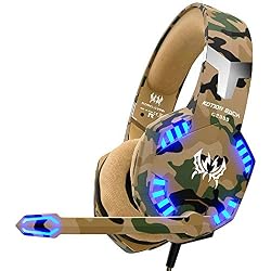 VersionTECH. Auriculares Gaming Cascos PS4 con Microfono, Diadema Ajustable, Bass OverEar 3,5mm Jack, Luz LED, Control de Volumen, Bajo Ruido para PS4/Xbox One/Nintendo Switch/PC/Móvil (Camuflaje)
