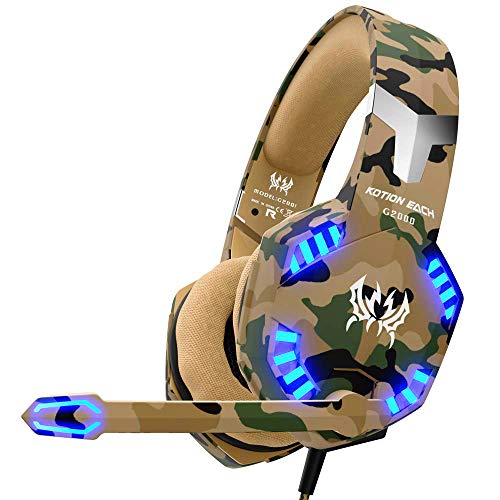 VersionTECH. Auriculares Gaming Cascos PS4 con Microfono, Diadema Ajustable, Bass OverEar 3,5mm Jack, Luz LED, Control de Volumen, Bajo Ruido para PS4/Xbox One/Nintendo Switch/PC/Móvil (Camuflaje)