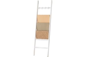 Yorbay Toallero Escalera con 6 Peldaños 2 Correas de Seguridad contra Caídas y 4 Ganchos Toallero para Baño Decorativo Escalera de bambú Escalera Decorativa (Blanco)