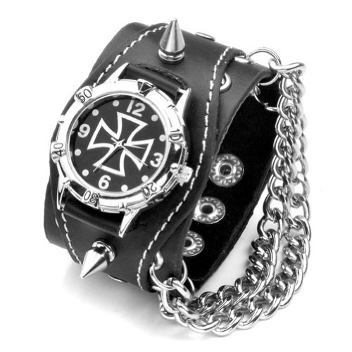 Better Dealz Punk Gothic Element Armbanduhr Nieten Schädel Metall Kette Lederarmband Herren Damen Uhr,KREUZ Better Dealz Punk Gothic Element Armbanduhr Nieten Schädel Metall Kette Lederarmband Herren Damen Uhr,KREUZ