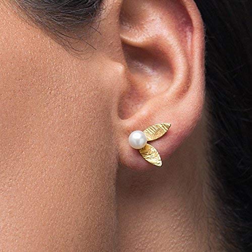 Sterling silver stud earrings, leaf earrings, minimalist earring studs, pearl studs, pearl earrings, hypoallergenic earrings, silver earrings, gift for women, by Emmanuela (Silver)