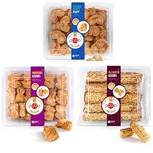 POLKA Pack of 3 , NAMKEEN Khari Snacks 1050 GM , French Heart , AJWAIN Khari , MARRORI Khari ,Family Combo Pack