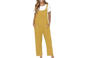 ‎MASRIN Jumpsuits Damen Baumwoll Leinen Latzhose Lang Oversize Arbeitshose Cargohose Einfarbig Einteiler Overall Breite Bein Bib Pants mit großer Tasche Ärmellos Spielanzug Jumper Cargo Hose Streetwear