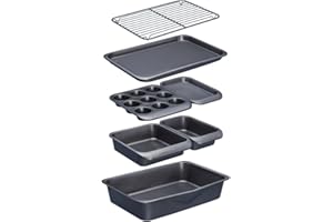 MASTER CLASS MasterClass Set da Forno Antiaderente Impilabile da 7 Pezzi: Teglia per Arrostire, Quadrata, per Dolci, Muffin, Due Teglie da Forno e Griglia di Raffreddamento
