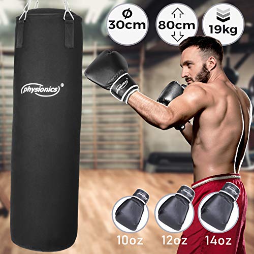 Physionics® Set da Boxe - Pieno, Ø30 cm, Lunghezza 80cm, Peso 19kg, Guantoni 12 oz, Sospensione a Catena da Soffitto, Moschettoni - Arti Marziali MMA Kick Boxing, Sacchi Pugilato, Punching Bag