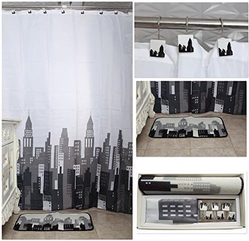 Uomere Bathroom Shower Curtain Waterproof and Mildewproof Polyester Fabric Decorative with 12 PCS hooks,1 PCS bath rug ,72''W x 72''L(Modern Building)