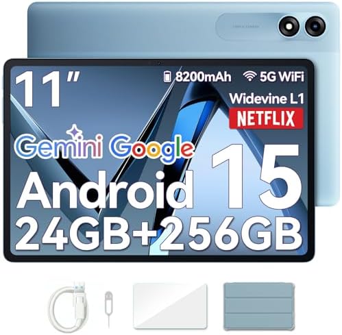 Blackview Tablet 11 Pollici Android 15 Tab 9 WiFi 24 GB (8 + 16 espansioni) RAM + 256 GB ROM (2 TB TF) Gemini AI/8200 mAh/1920 * 1200 FHD IPS Widevide L1/Face ID/Mode PC/Octa-Core Tablet con Cover