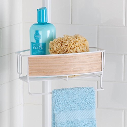 InterDesign RealWood Teleskop Duschregal | mit Handtuchhalter und Haken | hochwertige Duschablage ohne Bohren | vierfacher Duschkorb für mehr Stauraum | Metall mit Echtholz - 6