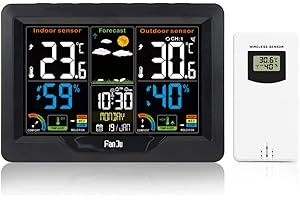 FanJu FJ3383C Wetterstation Funk mit Außensensor, Digital Farbdisplay Innen und Außen Thermometer Hygrometer, Funkwetterstation mit Wettervorhersage, Barometer und Temperaturwarnung (Black)