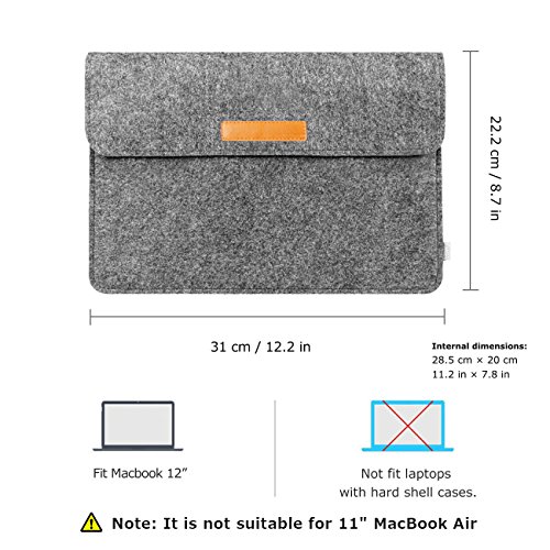 Inateck neue 12 Zoll Macbook Retina Schützhülle, Sleeve Tasche, Klettverschluss, Verschluss mit Klettband, Dunkelgrau - 2