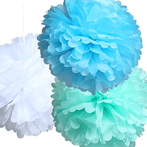 12 Seidenpapier Pompons – Deko Papierblumen in weiß, grün und blau – Pom Poms zur Vintage Dekoration ideal für Ihre Hochzeit, Babyshower (it´s a boy), Kindergeburtstage und sonstigen Feierlichkeiten (pompom) - 5