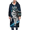 Ouduo Oversized Hoodie Sweatshirt Blanket,3D Animal Wolf Print Super Soft Plush Fluffy Sherpa Hoodie Wearable Giant Hoody Pullover with Warm Front Pocket Fits Adults Men Women