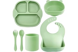 QSHARE Naczynia silikonowe dla niemowląt,6 sztuk, naczynie z przyssawką,Antypoślizgowa miska łyżka i widelec kubki Bib Zestaw Free BPA Nauka Naczynia dla dzieci dzieci,Naczynia dla dzieci dla dzieci,Zielony