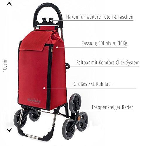 Treppensteiger Einkaufstrolley Seena in rot mit 50L & Kühlfach – Einkaufsroller Trolley bis 30kg belastbar – Gewicht nur 2.5kg - 6