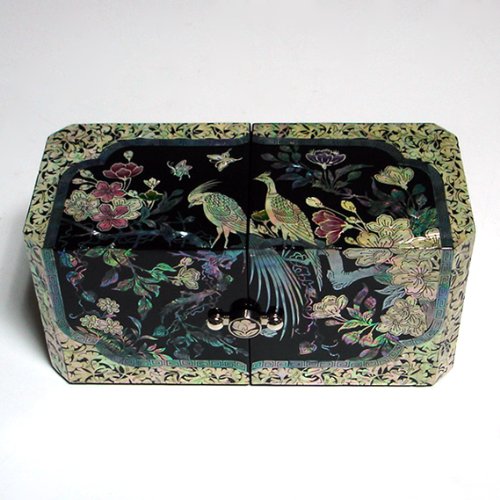 Joyero con Madreperla Acabado Nacarado de Madera Diseño de Pavo Real Asia Oriental Decorativo Caja Lacrada