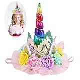 ღ Rainbow colorido cuerno de unicornio, orejas de brillo con diadema de flores hace increíble diadema de unicornio. Diferentes colores y combinaciones de bocinas simples, las orejas de flores crean el mejor accesorio de sombrerería para tu azúcar especial.